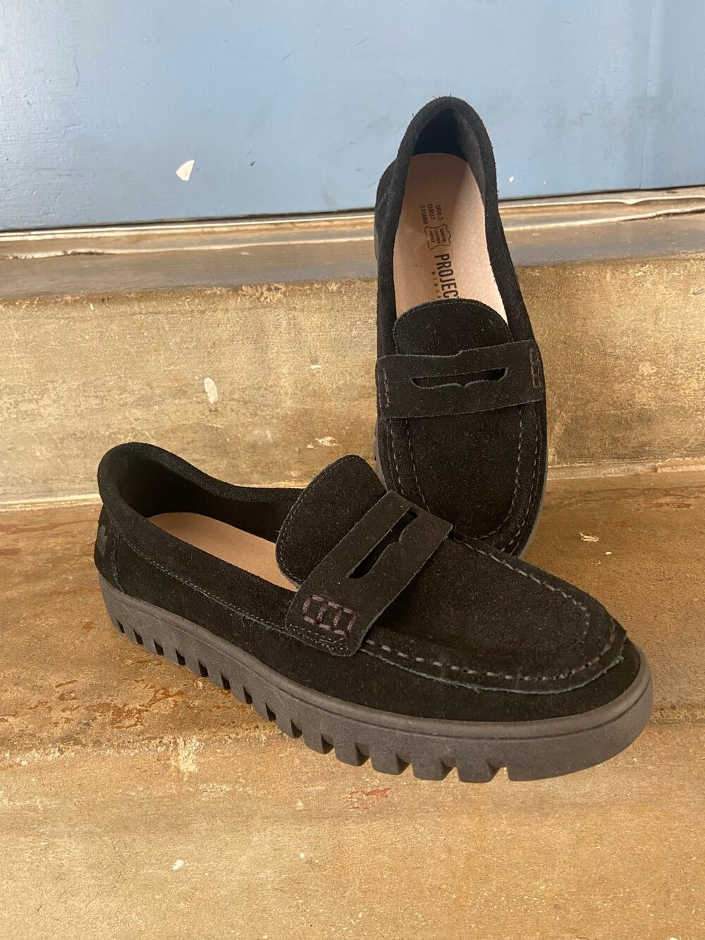 Project Cloud Filide black suede lug sole penny loafer